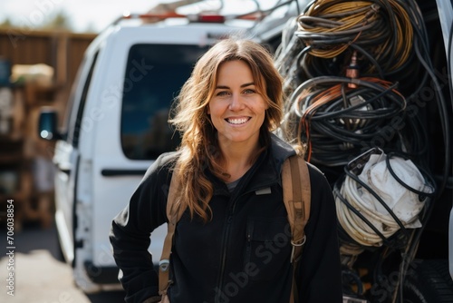 Portrait of smiling female worker carrying equipment outdoors