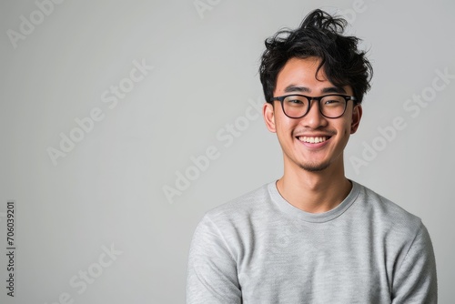 Casual yet stylish portrait of an Asian man, effortlessly chic, white background photo