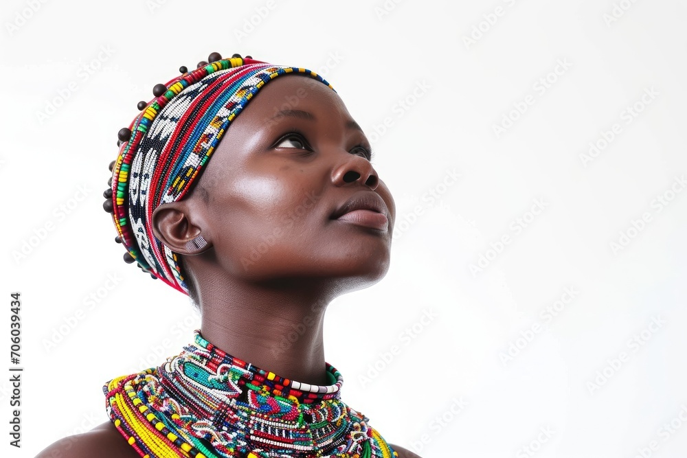 Cultural portrait of an African woman in tribal attire, heritage-rich, white background