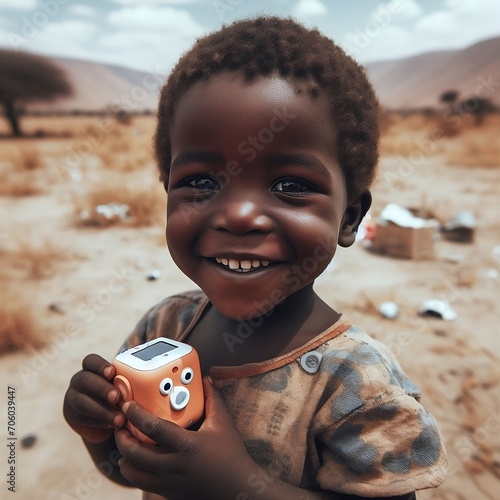 Criança Africana feliz por ter ganho um brinquedo em uma area seca.