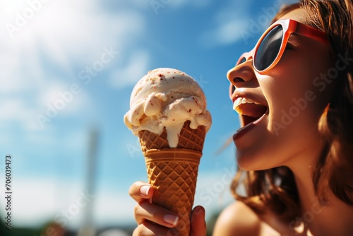 Summer  below and a woman with ice cream on a blue sky for freedom  travel and sweet food. Sun  holiday and a young girl with a dessert during a vacation in spring or a eating gelato and thinking