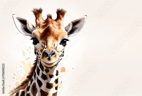 Adorable watercolor nursery painting of a cute baby giraffe with text area. Digital animal art.   photo