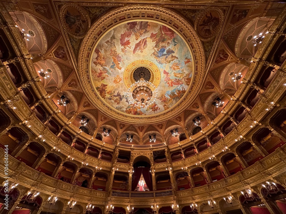 Fototapeta premium Budapest, Hungary - December 7, 2023: interior wide angle view of the Hungarian State Opera Magyar Állami Operaház architecture.