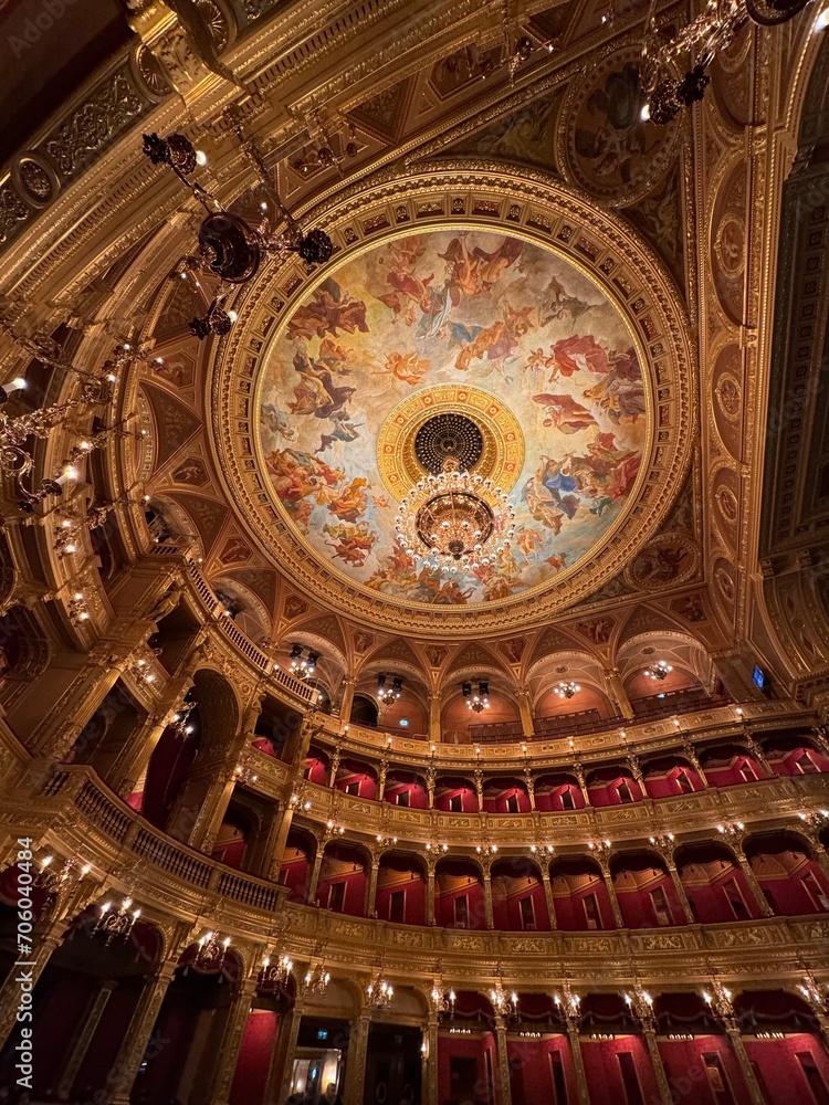Fototapeta premium Budapest, Hungary - December 7, 2023: interior wide angle view of the Hungarian State Opera Magyar Állami Operaház architecture.