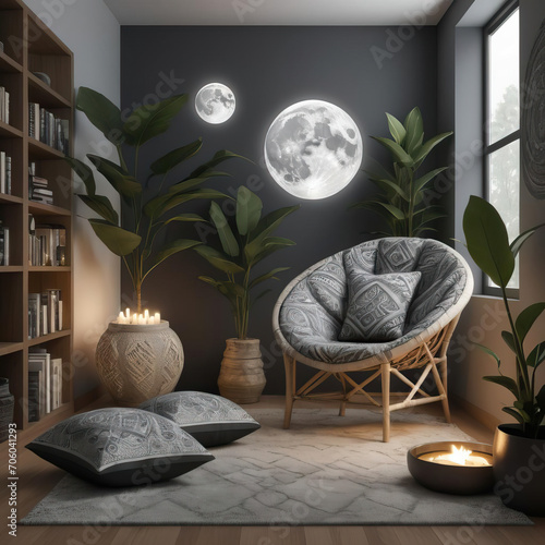 Cozy Reading Nook with Rubber Plant and Tribal-inspired Designs Gen AI