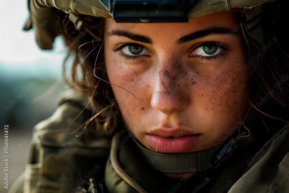 Portrait of a female soldier with a European appearance. Ready for combat missions Portrait of a female soldier with a European appearance. Ready for combat missions