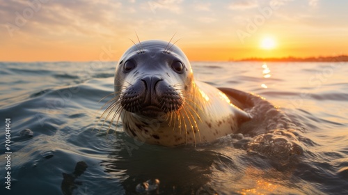 A seal swimming in the ocean at sunset. Generative AI.
