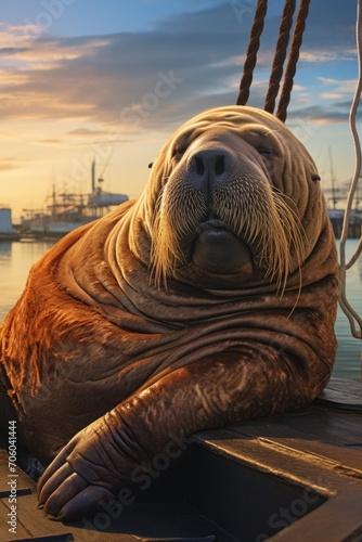 A walrus resting on a boat at sunset. Generative AI.