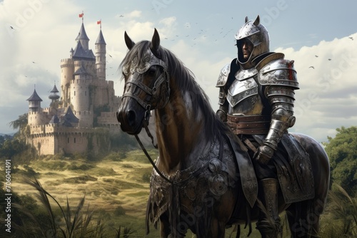 A knight on horseback with a castle in the background. Generative AI.