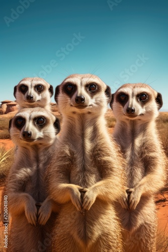 A group of meerkats standing in the desert. Generative AI.
