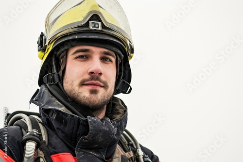 Heroic portrait of an emergency responder, brave and quick, white background © furyon