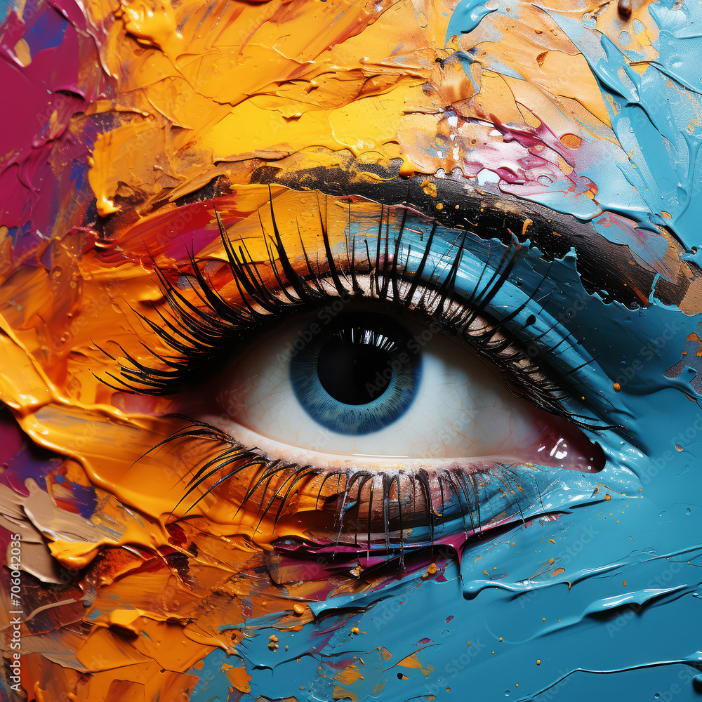 Abstract painting of an eye with a spectrum of vibrant colors