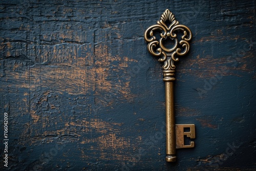 Ornate antique key on a dark wooden surface