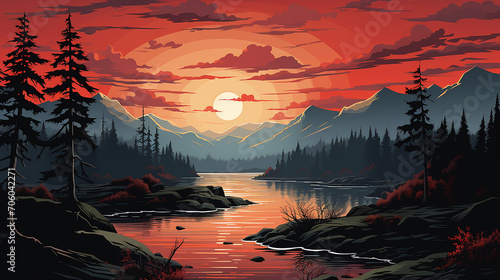  sunset landscape with lake, clouds on red sky, silhouettes on hills and trees on coast