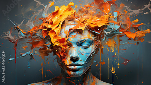 Vivid abstract of a female face with dynamic paint splashes photo