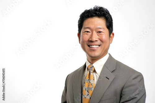 Professional portrait of an Asian man in business attire, white background