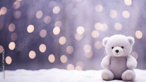 Soft White Teddy Bear with Glowing Bokeh Background Poster or Sign with Open Empty Copy Space for Text   © Distinctive Images