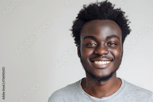 Radiant portrait of an African man smiling, warm and engaging, white background © furyon