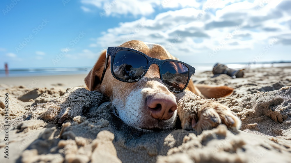 dog with sunglasses at the beach, cool, summer vibe
