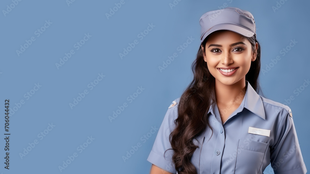 Indian woman in postal officer uniform isolated on pastel background Indian woman in postal officer uniform isolated on pastel background
