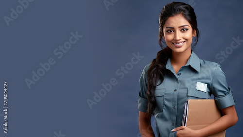 Indian woman in postal officer uniform isolated on pastel background