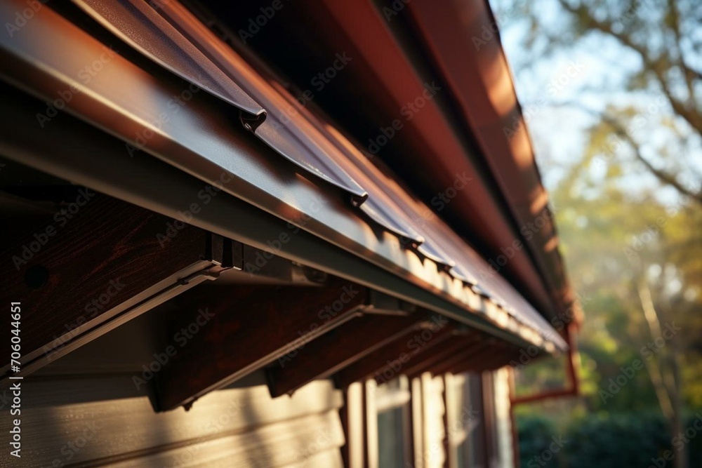 Brown plastic gutters beneath roof eaves. Generative AI