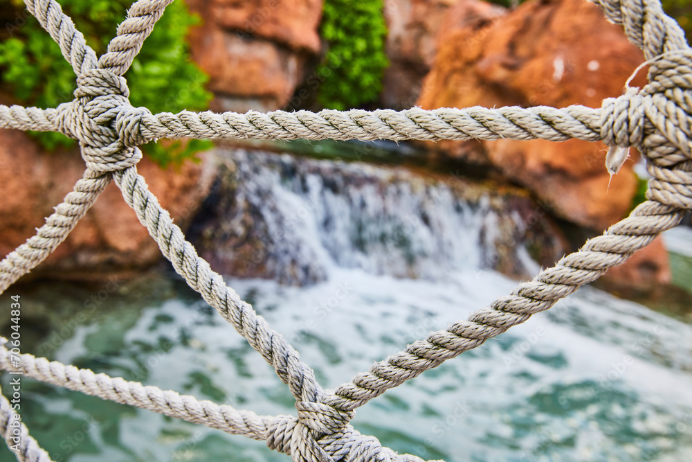 Textured Rope Barrier with Waterfall and Greenery Background
