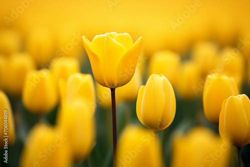 A vibrant yellow tulip stands out in a field of blurred yellow tulips. Generative AI #706044809