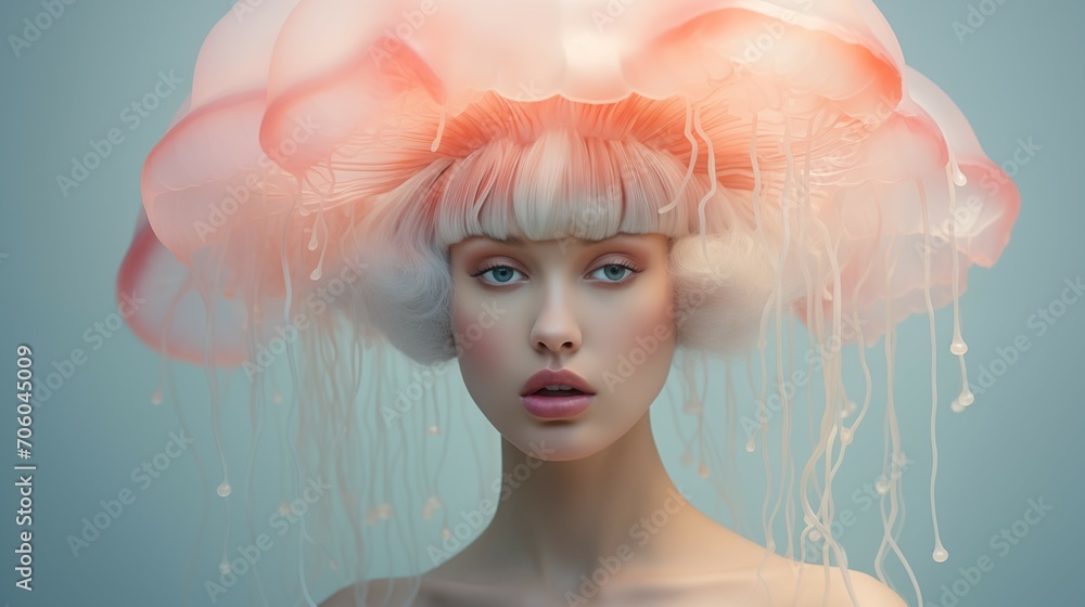 Minimal summer concept. Portrait of a woman with a jellyfish hat.