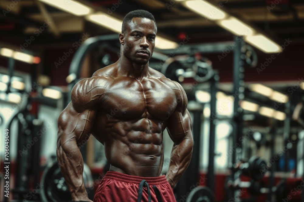 A powerful Afro American bodybuilder posing in the gym, showcasing well-defined muscles and strength, set against the backdrop of weightlifting equipment, intense and impressive, clear and focused