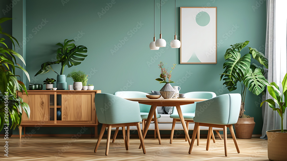 Mint color chairs at round wooden dining table in room with sofa and cabinet near green wall. Scandinavian, mid-century home interior design of modern living room