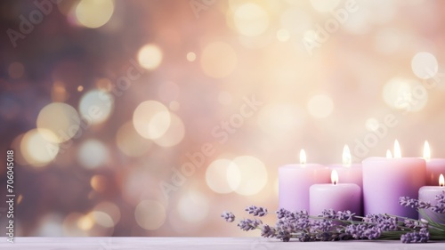 Serenity Glow: Lavender Candles and Soft Bokeh Lights Poster or Sign with Open Empty Copy Space for Text 
