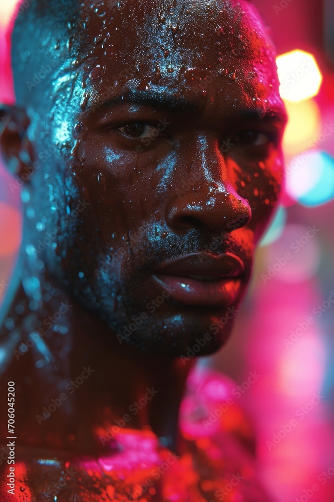 A portrait of a man with glowing red and pink neon lights. A portrait of a man with glowing red and pink neon lights.