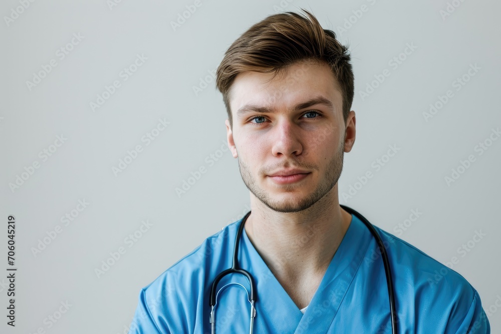 Serene portrait of a male nurse, calm and soothing, white background Serene portrait of a male nurse, calm and soothing, white background