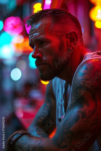 A portrait of a man with glowing red and pink neon lights.  © Elle Arden 