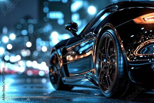 Shiny black sports car against a dark urban background