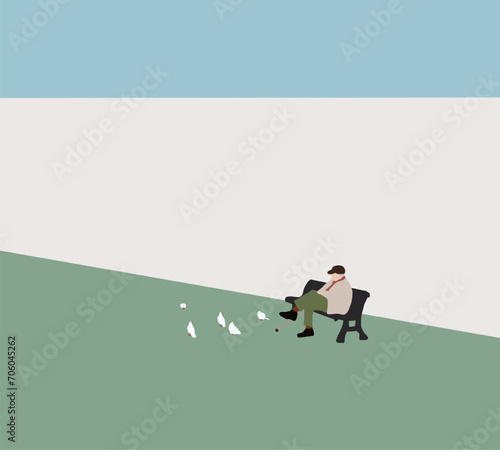 Old man sit on a bench in the park surrounded by white pigeons under blue sky. Happy retirement.