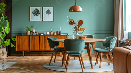 Mint color chairs at round wooden dining table in room with sofa and cabinet near green wall. Scandinavian  mid-century home interior design of modern living room