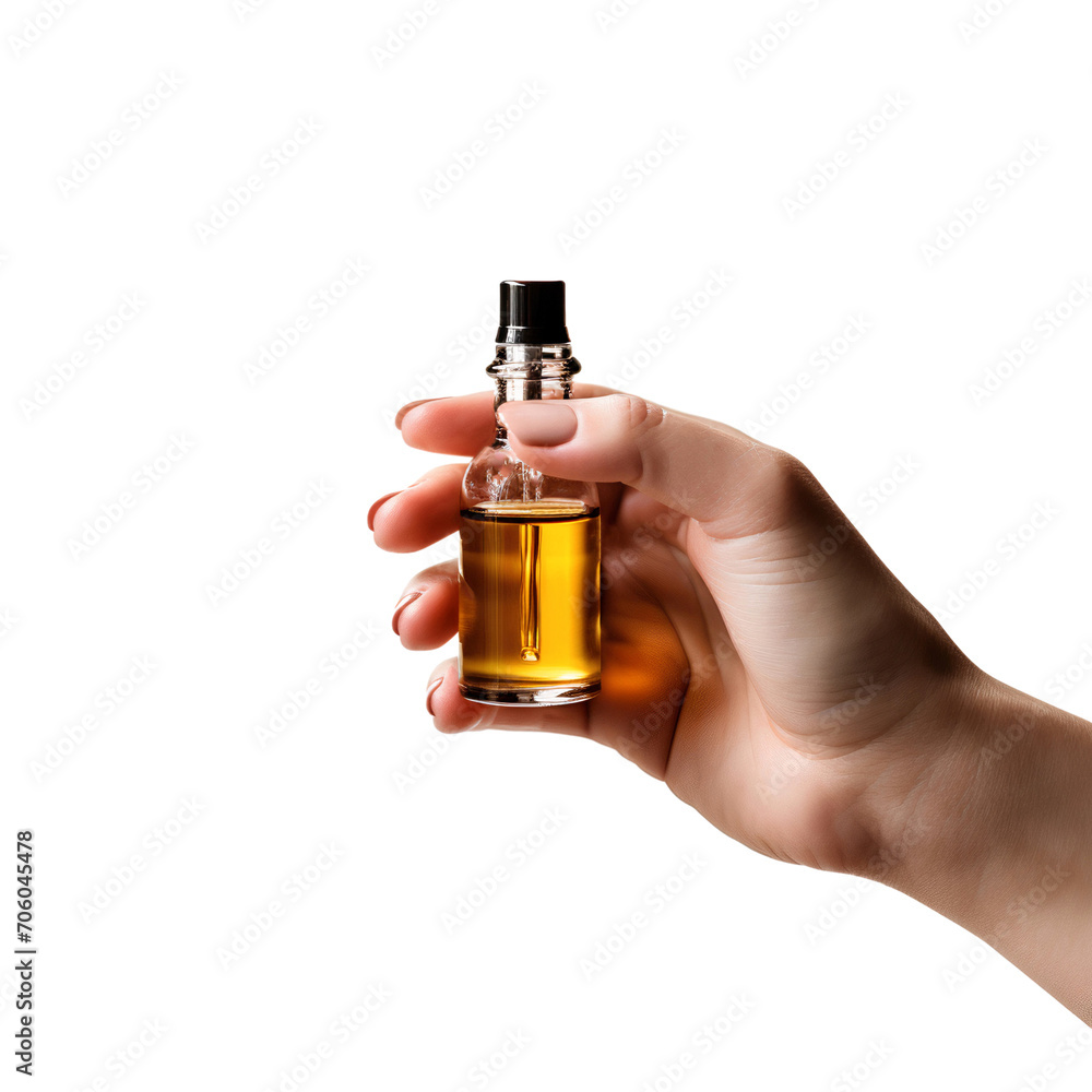 Hand holding a bottle of perfume isolated on white background, transparent cutout Hand holding a bottle of perfume isolated on white background, transparent cutout
