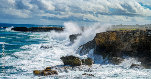 Crashing waves on the shoreline of Barbados.