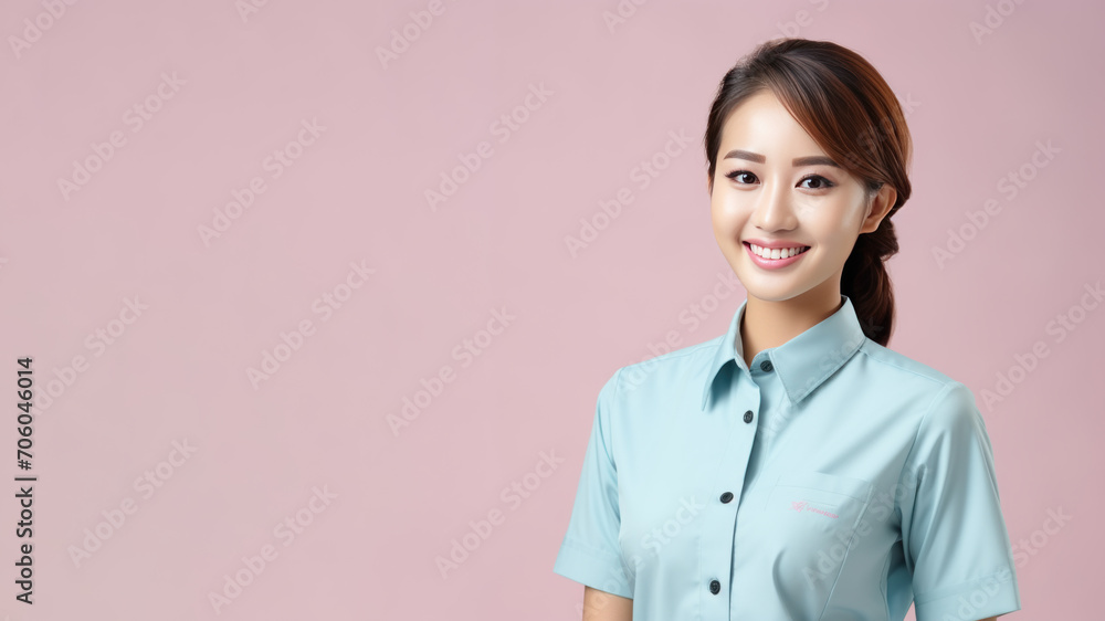 Asian woman in hotel staff uniform smile isolated on pastel background Asian woman in hotel staff uniform smile isolated on pastel background