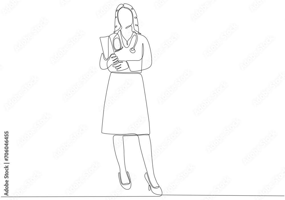 Continuous line drawing of female doctor with stethoscope. One line art of health care concept. Vector illustration. Continuous line drawing of female doctor with stethoscope. One line art of health care concept. Vector illustration.