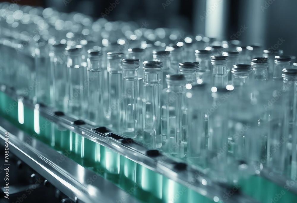 Medical vials on production line at pharmaceutical factory Pharmaceutical machine working Medical vials on production line at pharmaceutical factory Pharmaceutical machine working