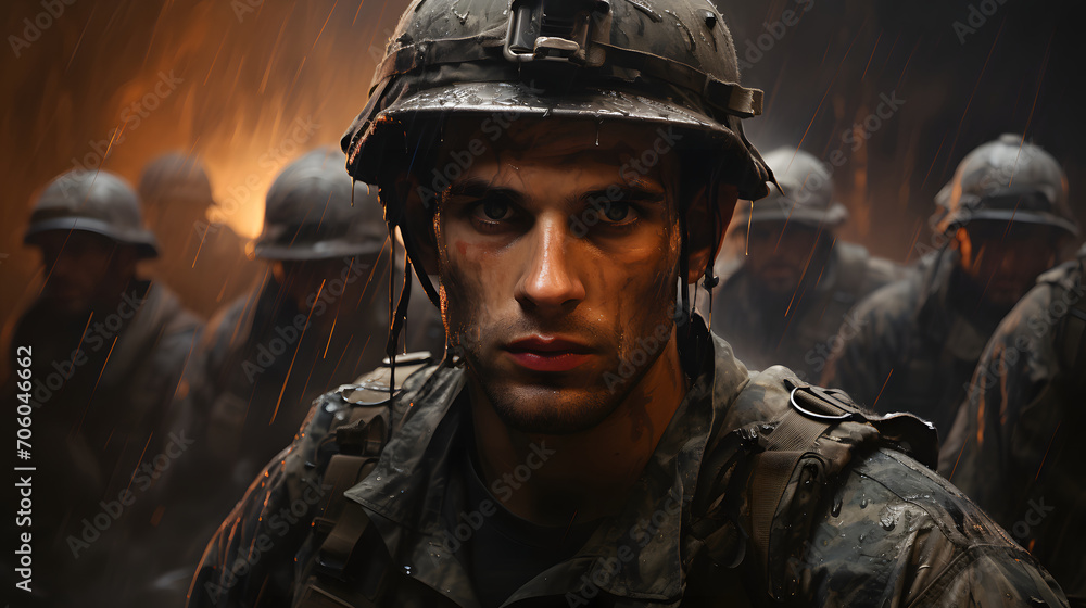 Portrait of a Soldier in a War Zone. Man in Battle Portrait of a Soldier in a War Zone. Man in Battle