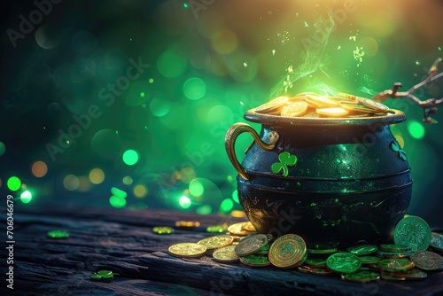 Happy St Patrick`s Day concept with cauldron of gold coins and Green beer pint. Patricks day shamrock clover, golden coins and green shamrock clover photo