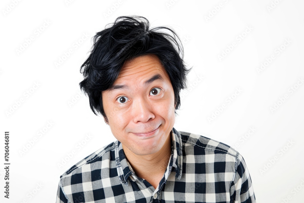 Whimsical portrait of an Asian man with a playful expression, white background Whimsical portrait of an Asian man with a playful expression, white background