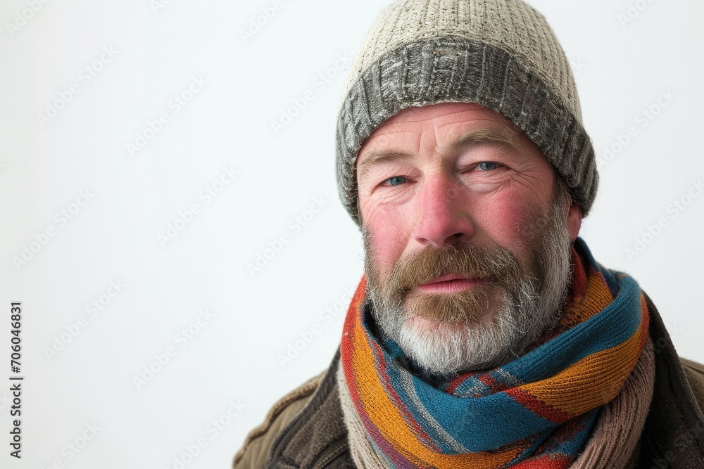Winter attire portrait of an American man, cozy and warm, white background Winter attire portrait of an American man, cozy and warm, white background