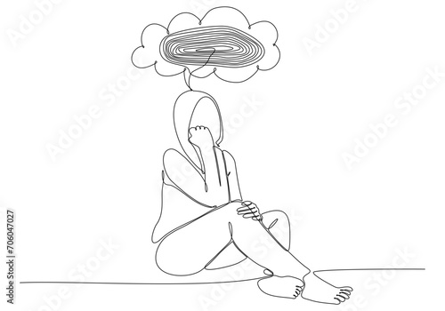 Continuous line drawing of young woman feeling sad, tired and worried suffering from depression in mental health vector illustration