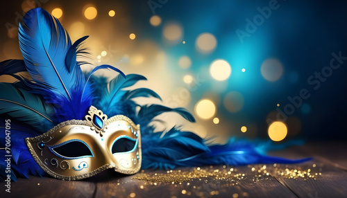 Realistic luxury carnival mask with blue feathers. Abstract blurred background, gold dust, and light effects created with generative ai