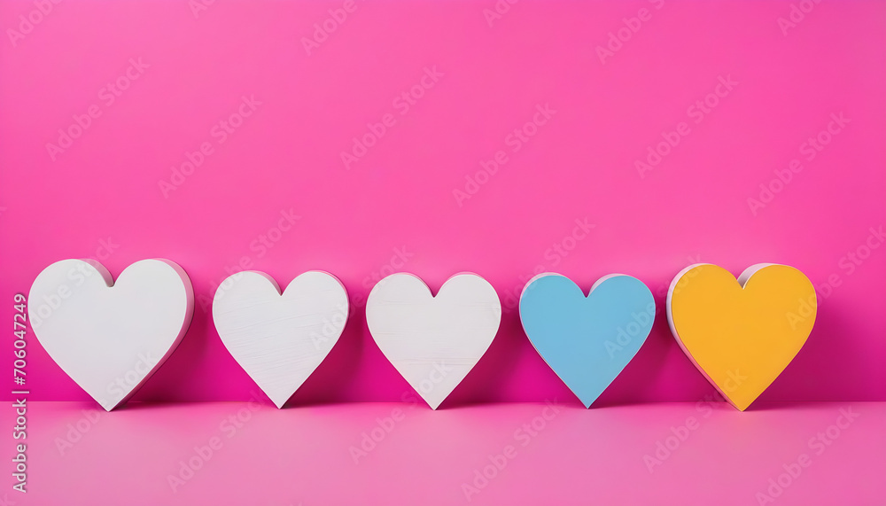 White wooden hearts with coloured centres in a row on a pink background for valentine's day concept created with generative ai	